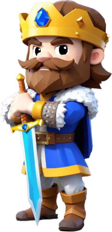 The king of Hexapolis: a bearded king in a gold crown and blue cloak, resting on his sword.