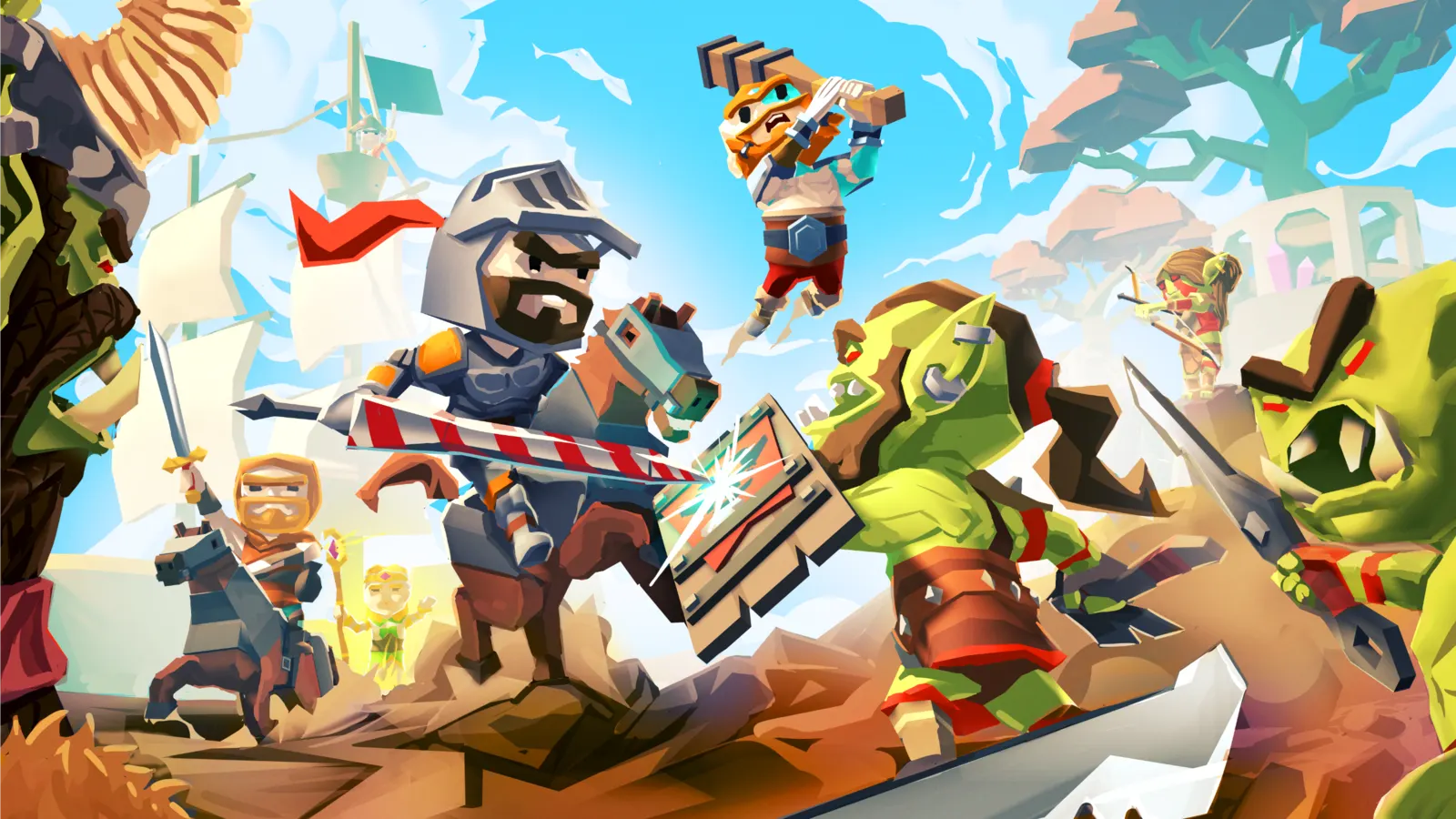 Hexapolis box art: a knight on horseback charges a line of orcs while a dwarf leaps into the fight and ships sail behind them.