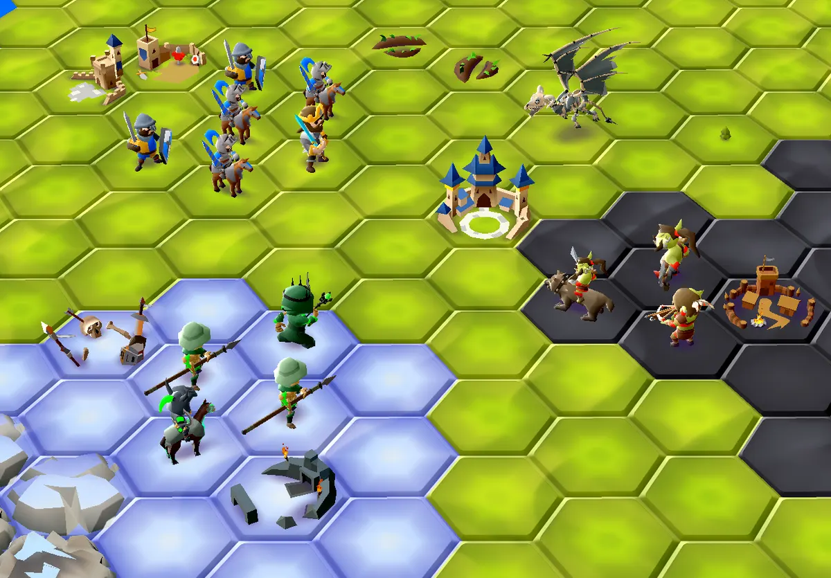 Human knights, elven spearmen on ice and orc wolf riders on the Hexapolis hex grid