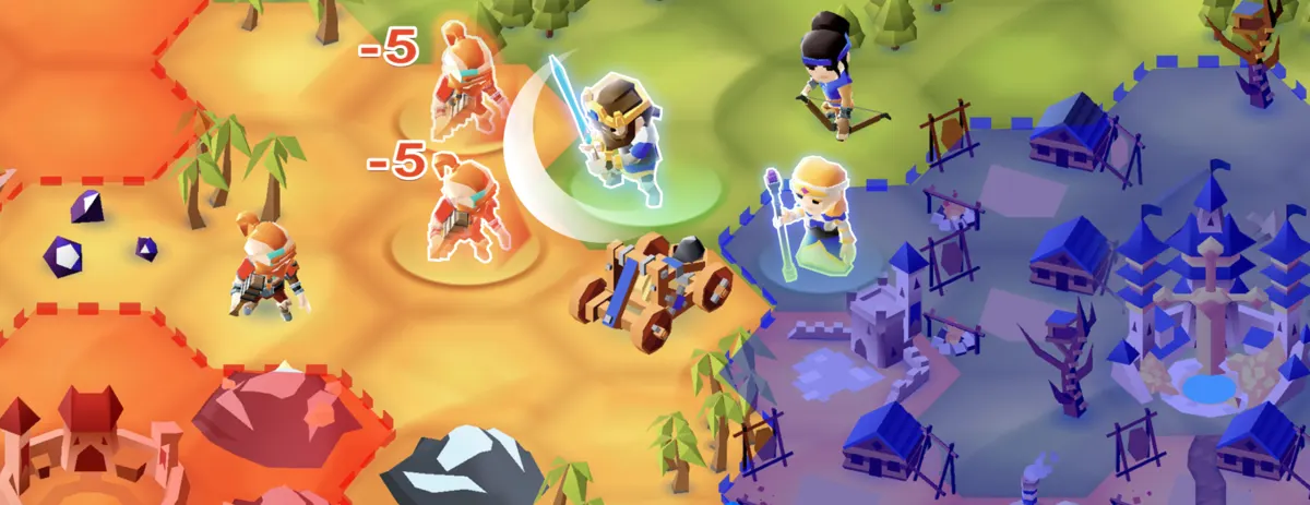 Red and blue armies clash across hex territory borders in Hexapolis