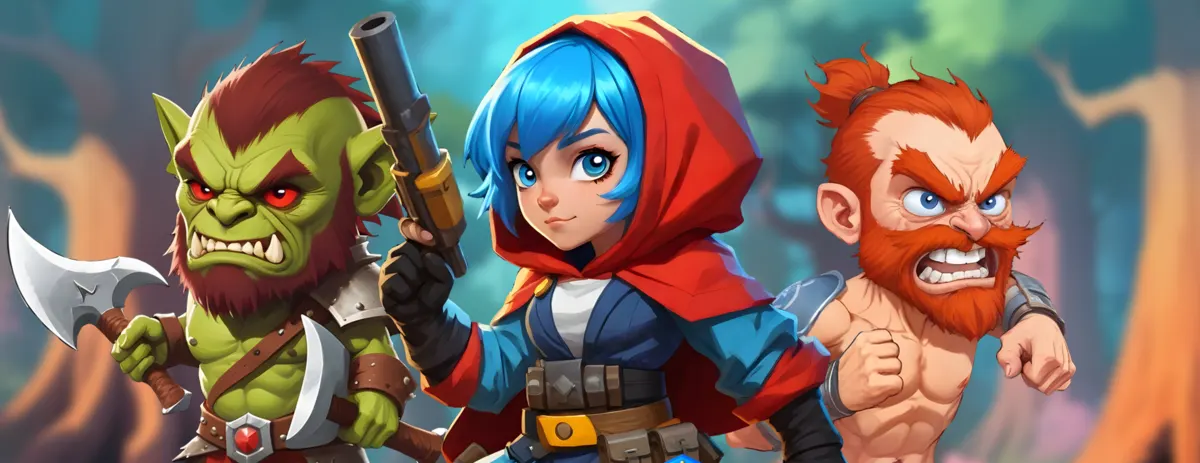 Hexapolis hero art: an orc, a red-hooded gunslinger and a red-bearded brawler