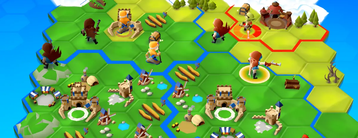 A walled Hexapolis town on green hexes with an army gathering at its gate